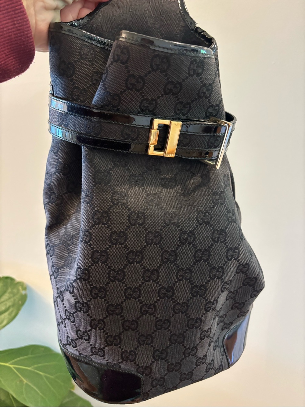 Gucci Black Monogram Canvas Belt-Detail Shoulder Bag with Gold Hardware
